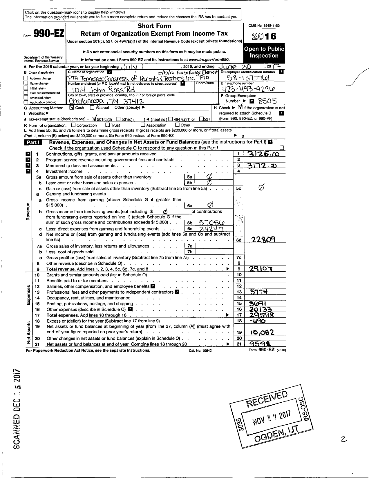 Image of first page of 2016 Form 990EZ for PTA Tennessee Congress of Parents and Teachers