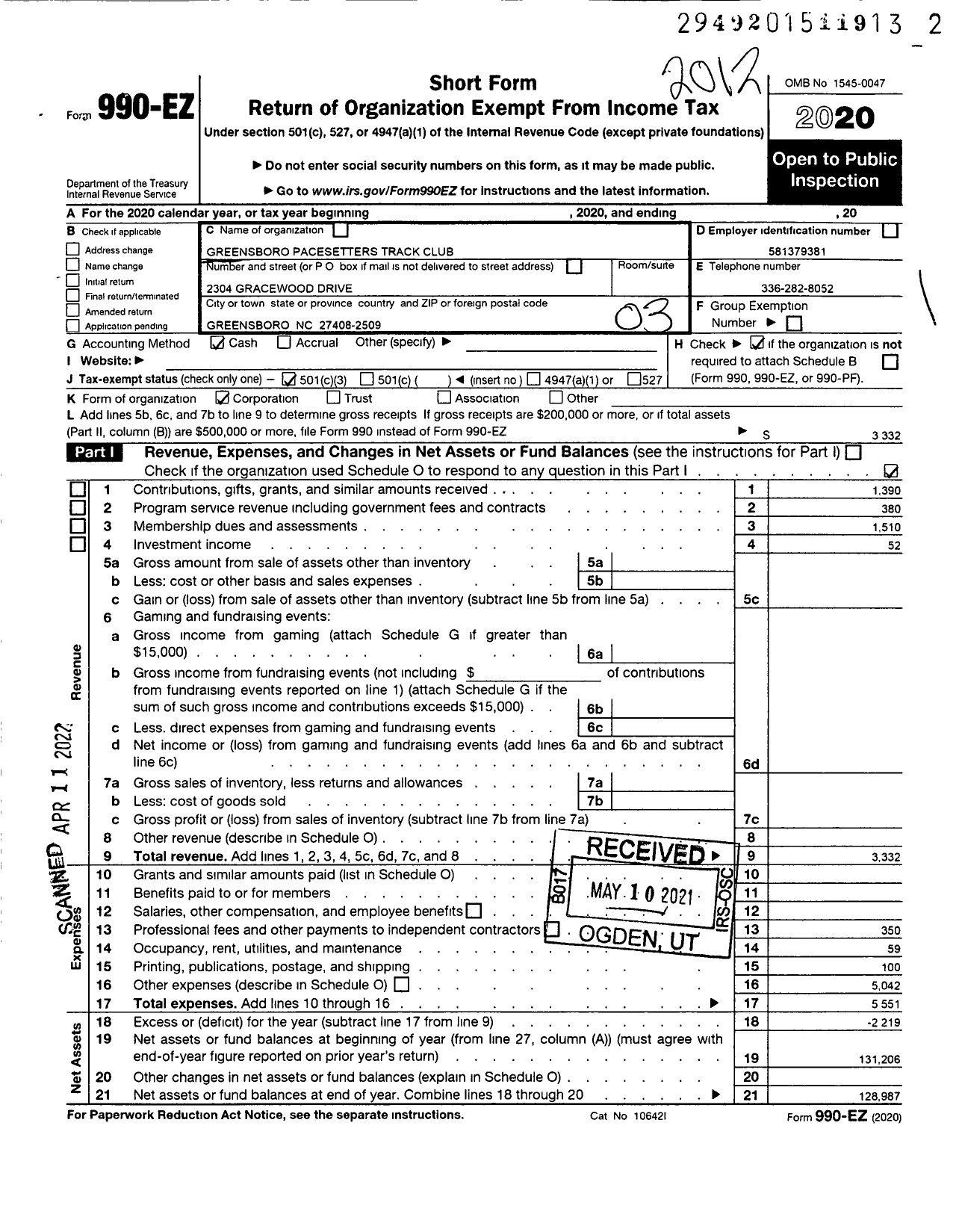 Image of first page of 2020 Form 990EZ for Greensboro Pacesetters Track Club