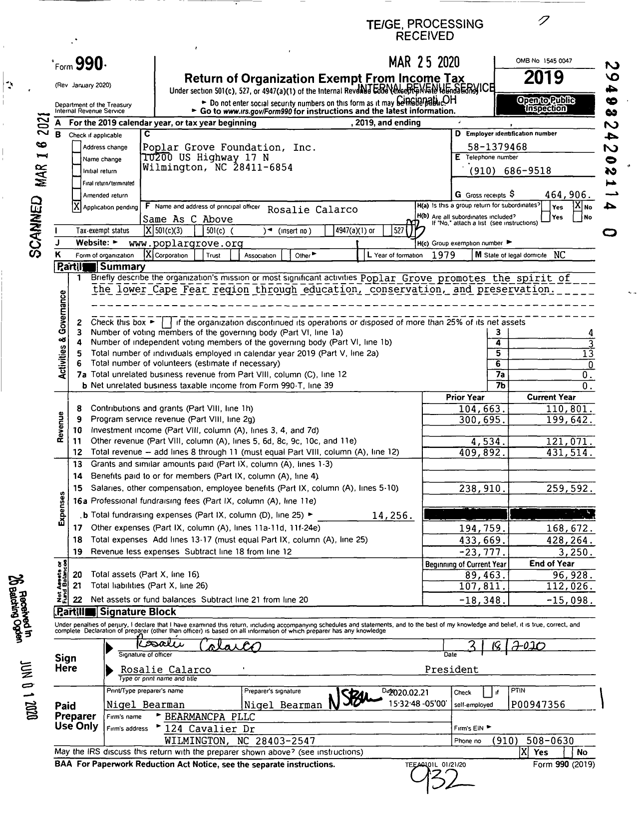 Image of first page of 2019 Form 990 for Poplar Grove Foundation