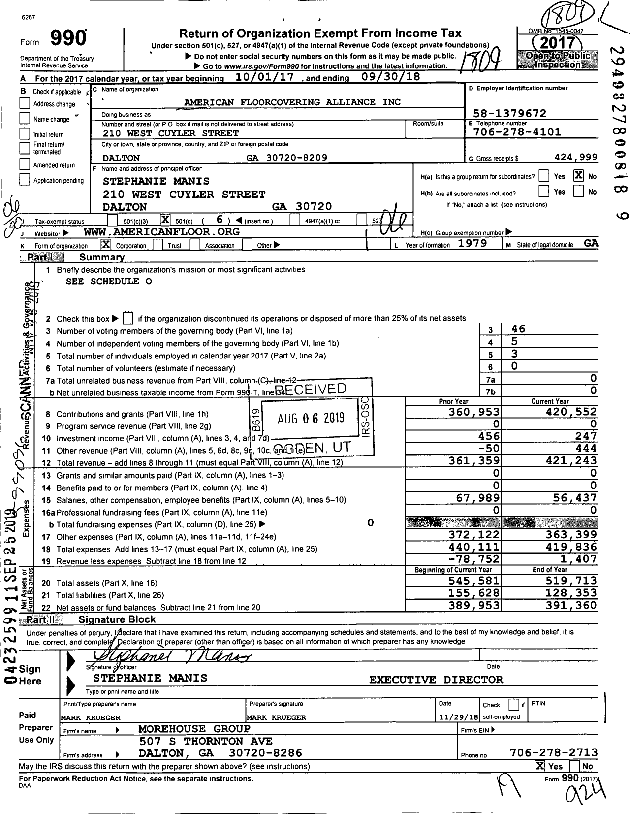 Image of first page of 2017 Form 990O for American Floorcovering Alliance