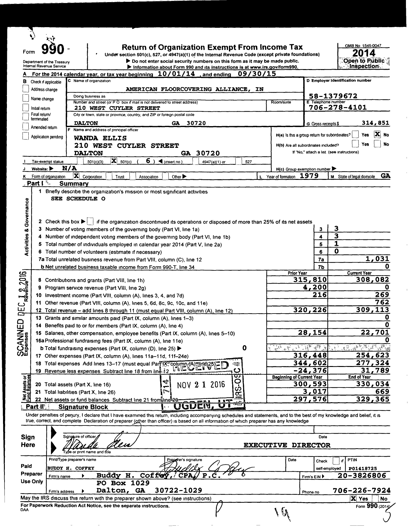 Image of first page of 2014 Form 990O for American Floorcovering Alliance