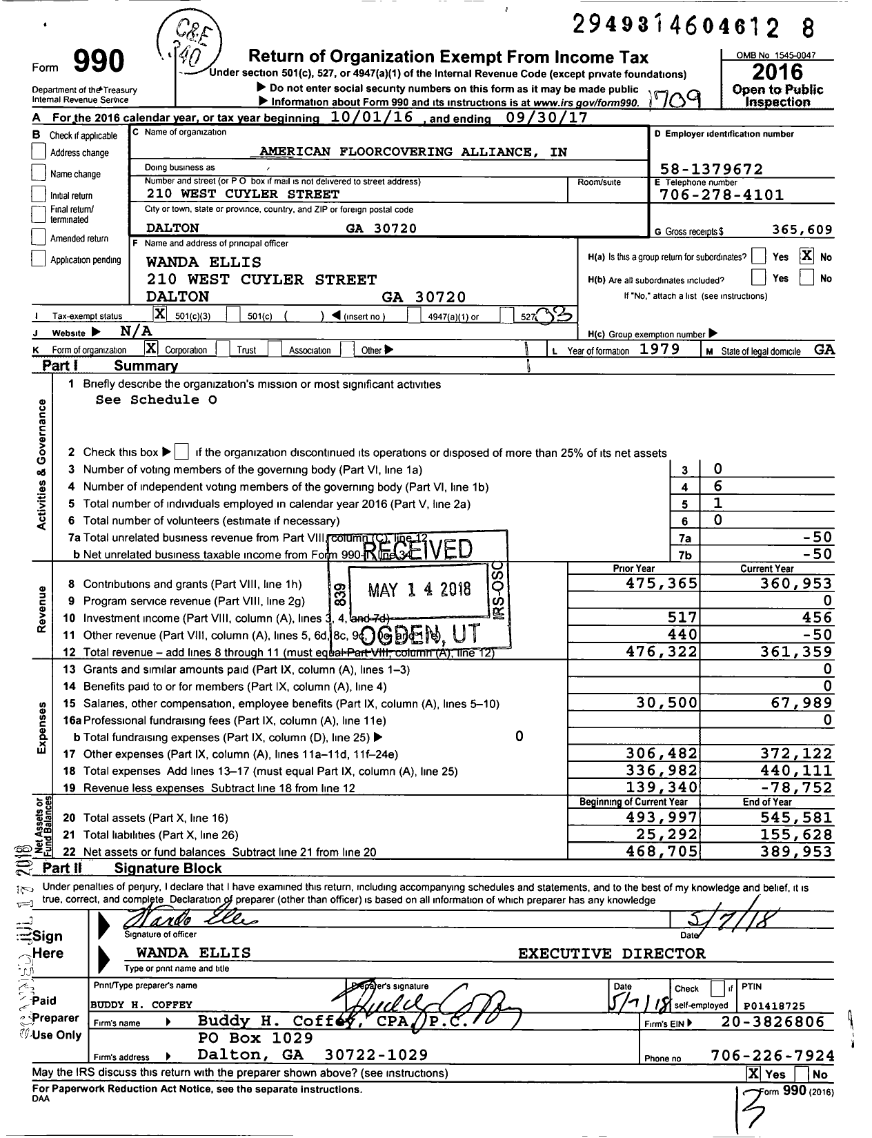 Image of first page of 2016 Form 990 for American Floorcovering Alliance