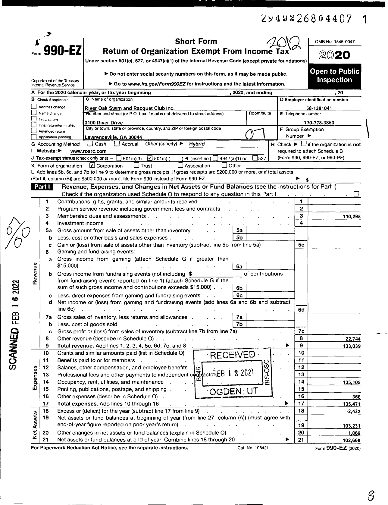 Image of first page of 2020 Form 990EO for River Oak Swim and Racquet Club