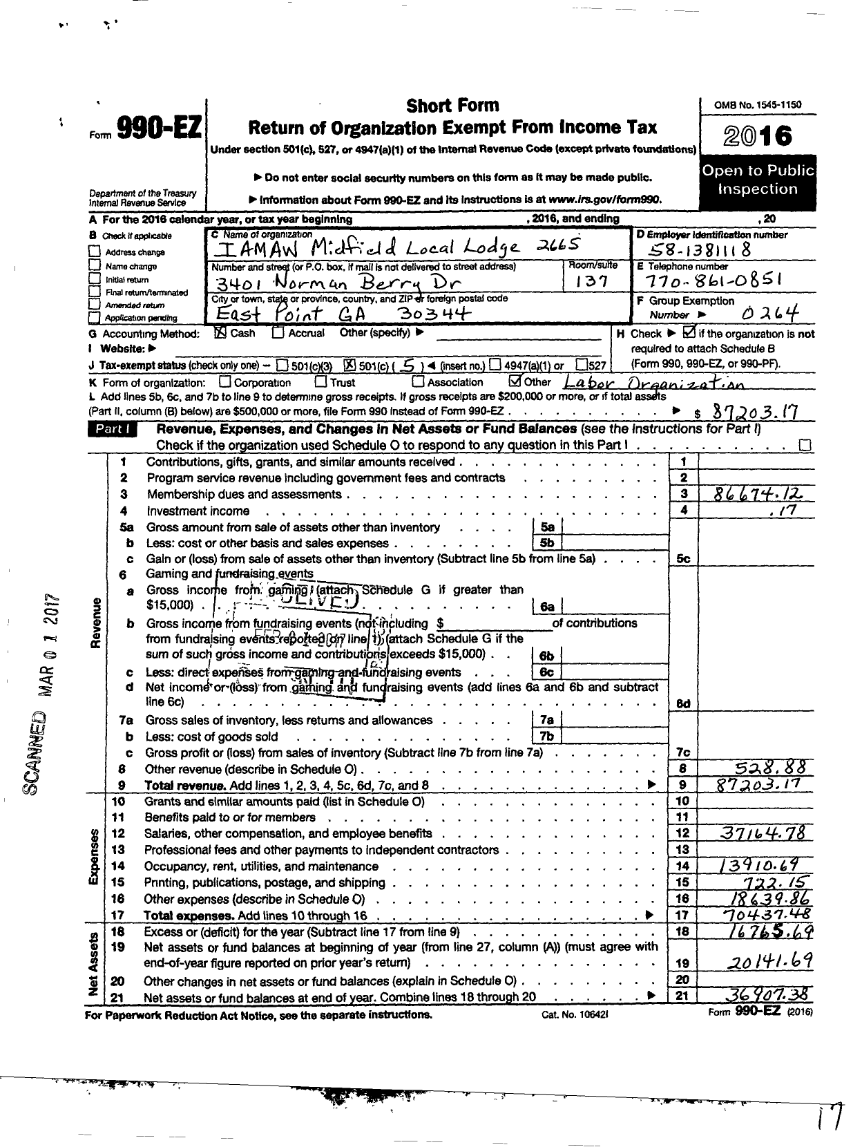 Image of first page of 2016 Form 990EO for International Association of Machinists and Aerospace Workers - 2665