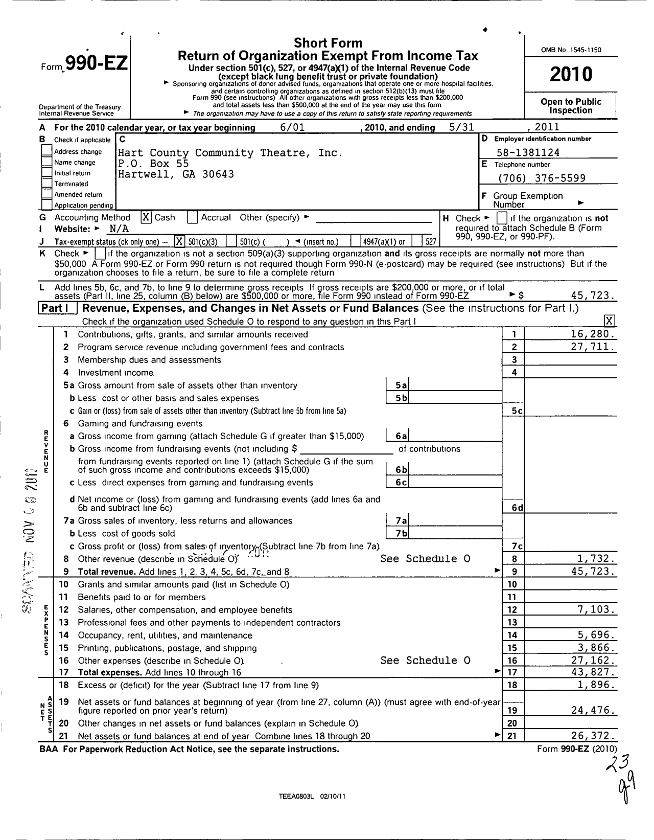 Image of first page of 2010 Form 990EZ for Hart County Community Theatre