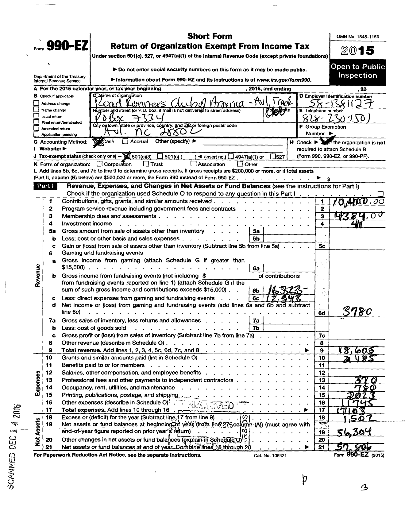 Image of first page of 2015 Form 990EZ for Road Runners Club of America Avl Track Club