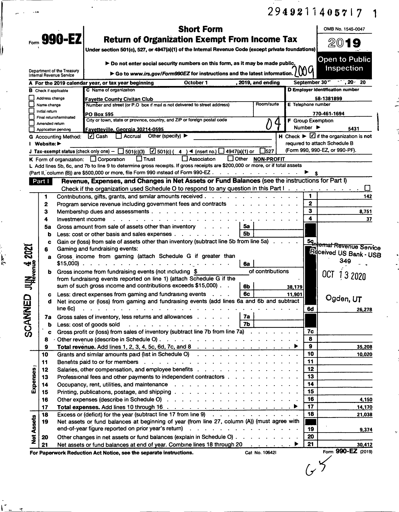 Image of first page of 2019 Form 990EO for CIVITAN INTERNATIONAL / Fayette Co Inc Fayetteville Ga