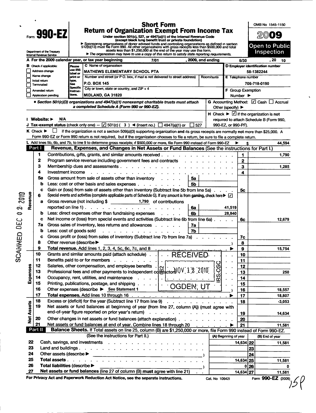 Image of first page of 2009 Form 990EZ for Georgia PTA - Mathews Elementary School PTA