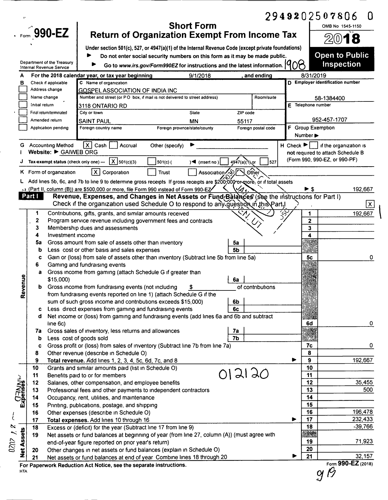 Image of first page of 2018 Form 990EZ for Gospel Association of India