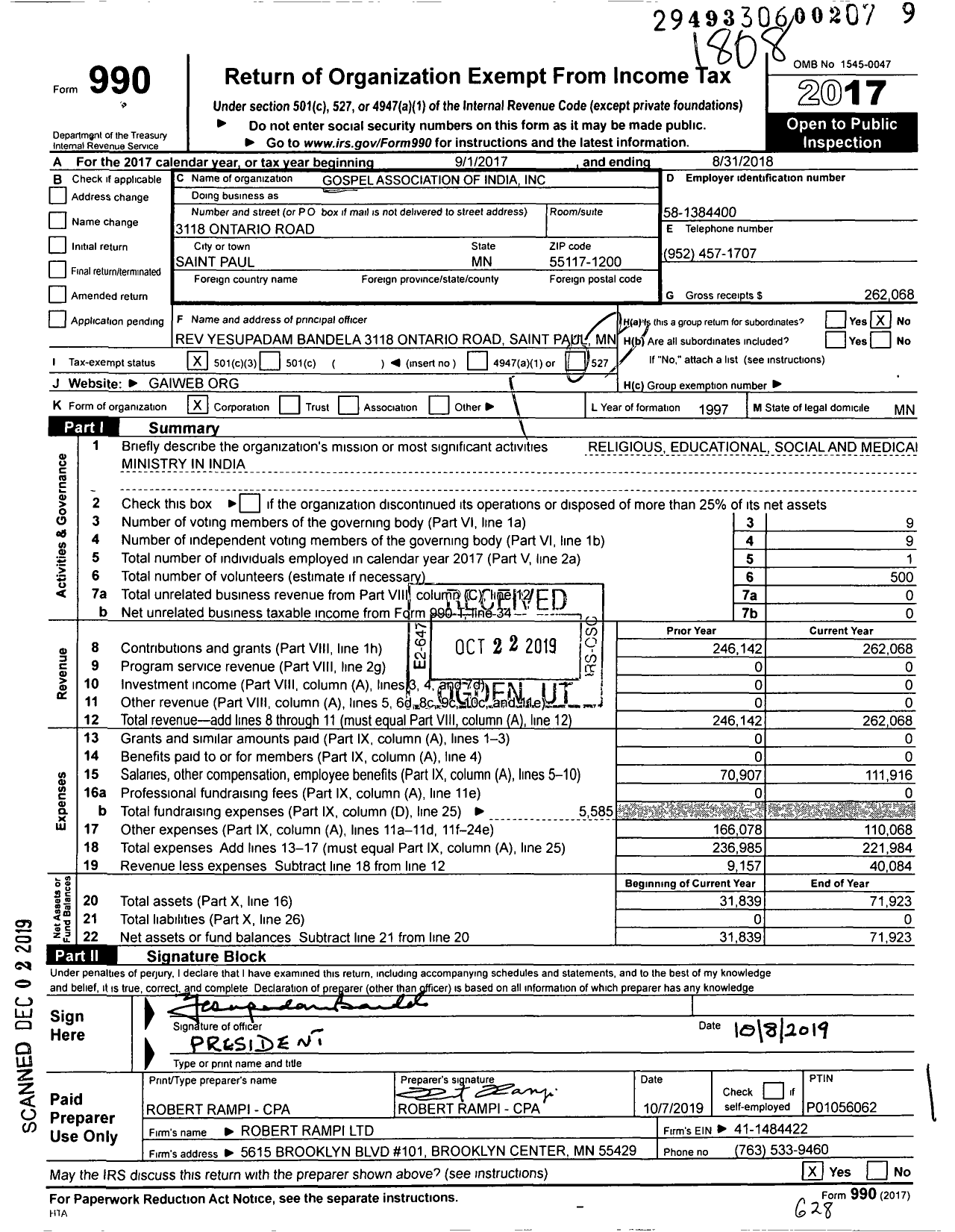 Image of first page of 2017 Form 990 for Gospel Association of India