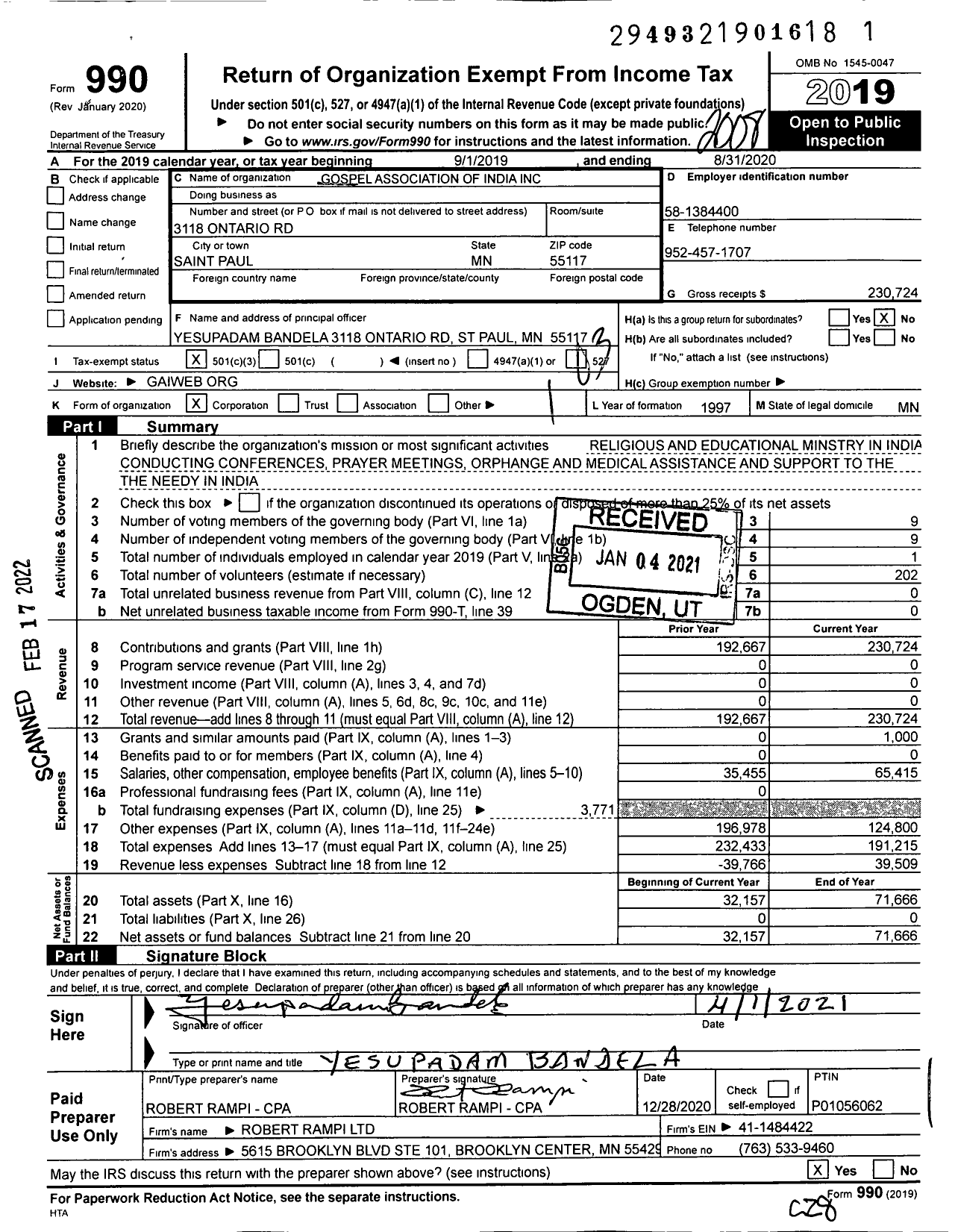 Image of first page of 2019 Form 990 for Gospel Association of India