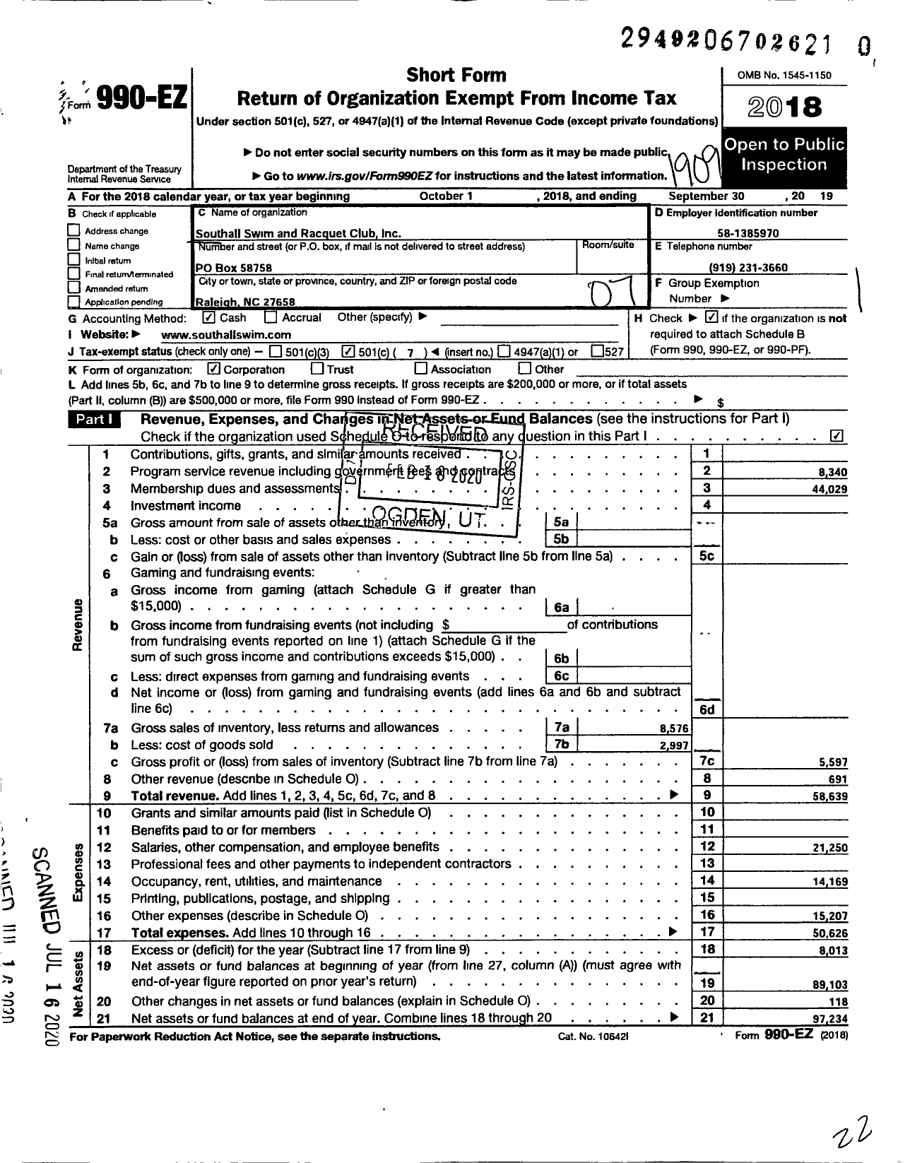 Image of first page of 2018 Form 990EO for Southall Swim and Racquet Club