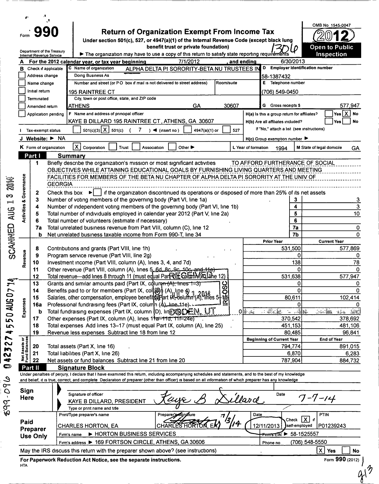 Image of first page of 2012 Form 990O for Beta Nu Trustees Inc Alpha Delta Pi Sorority