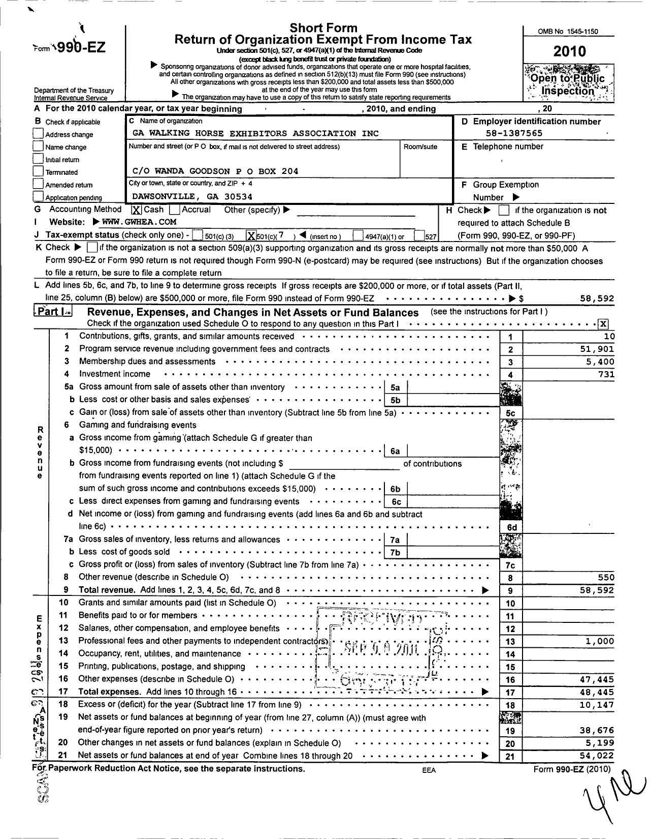 Image of first page of 2010 Form 990EO for Georgia Walking Horse Exhibitors Association