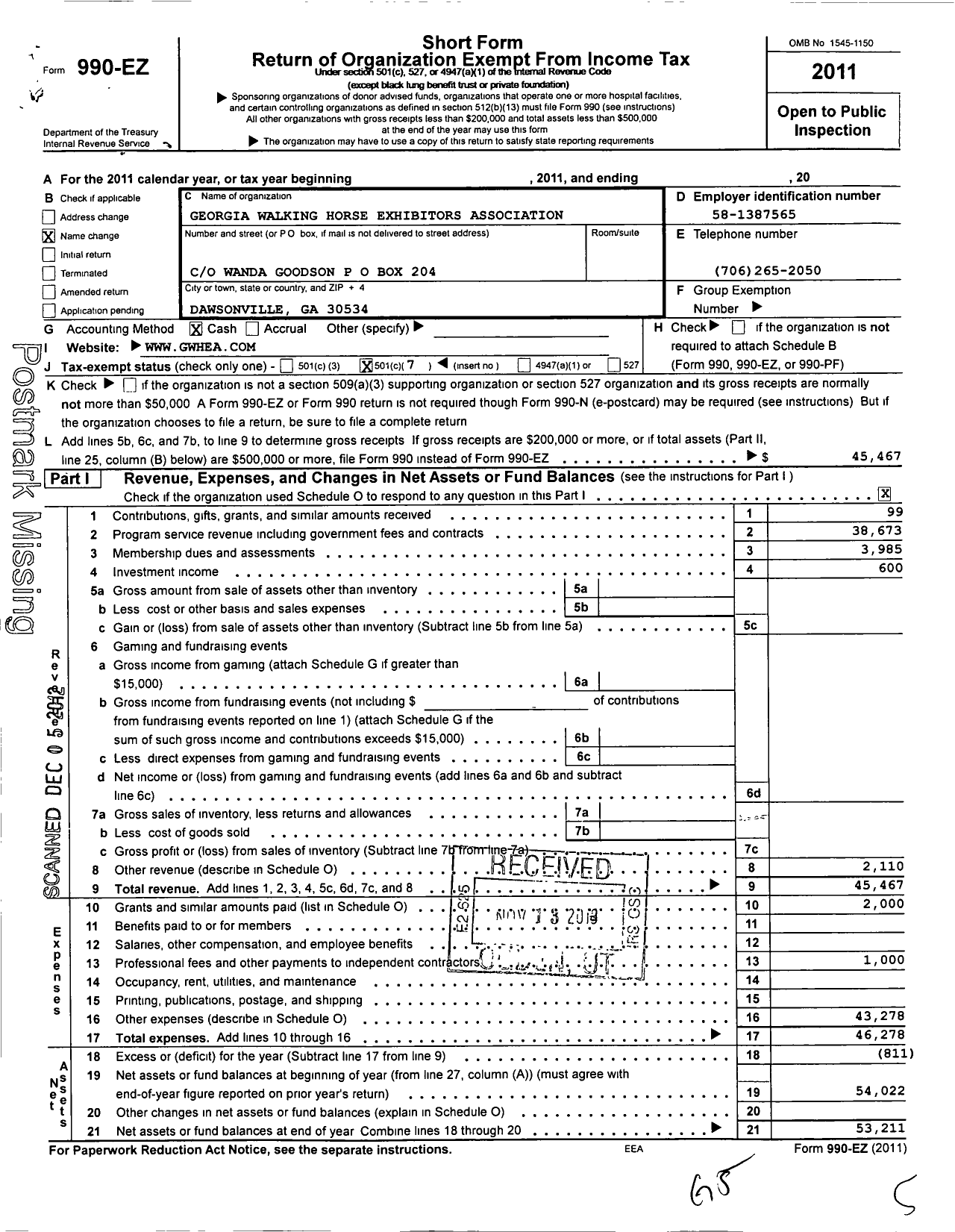 Image of first page of 2011 Form 990EO for Georgia Walking Horse Exhibitors Association