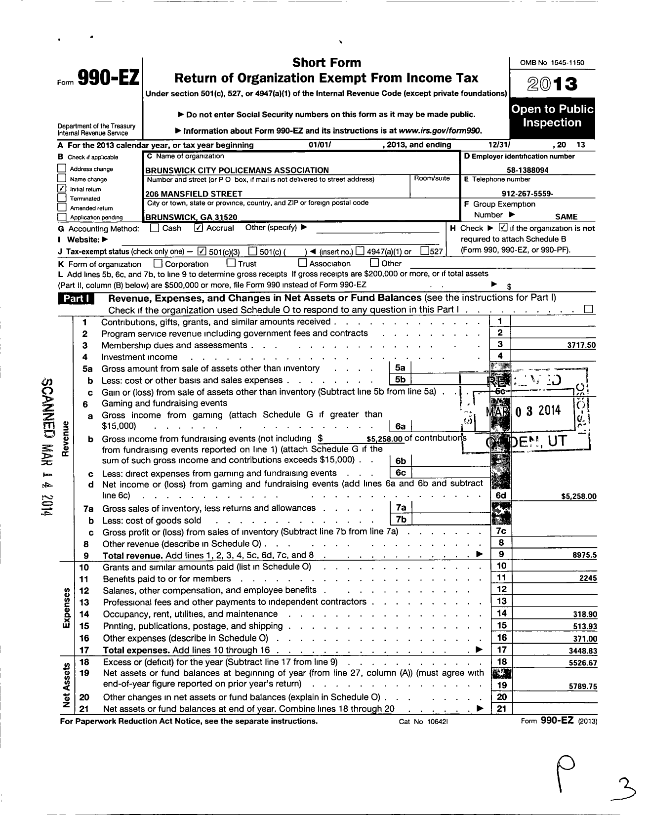 Image of first page of 2013 Form 990EZ for Brunswick City Policemans Association