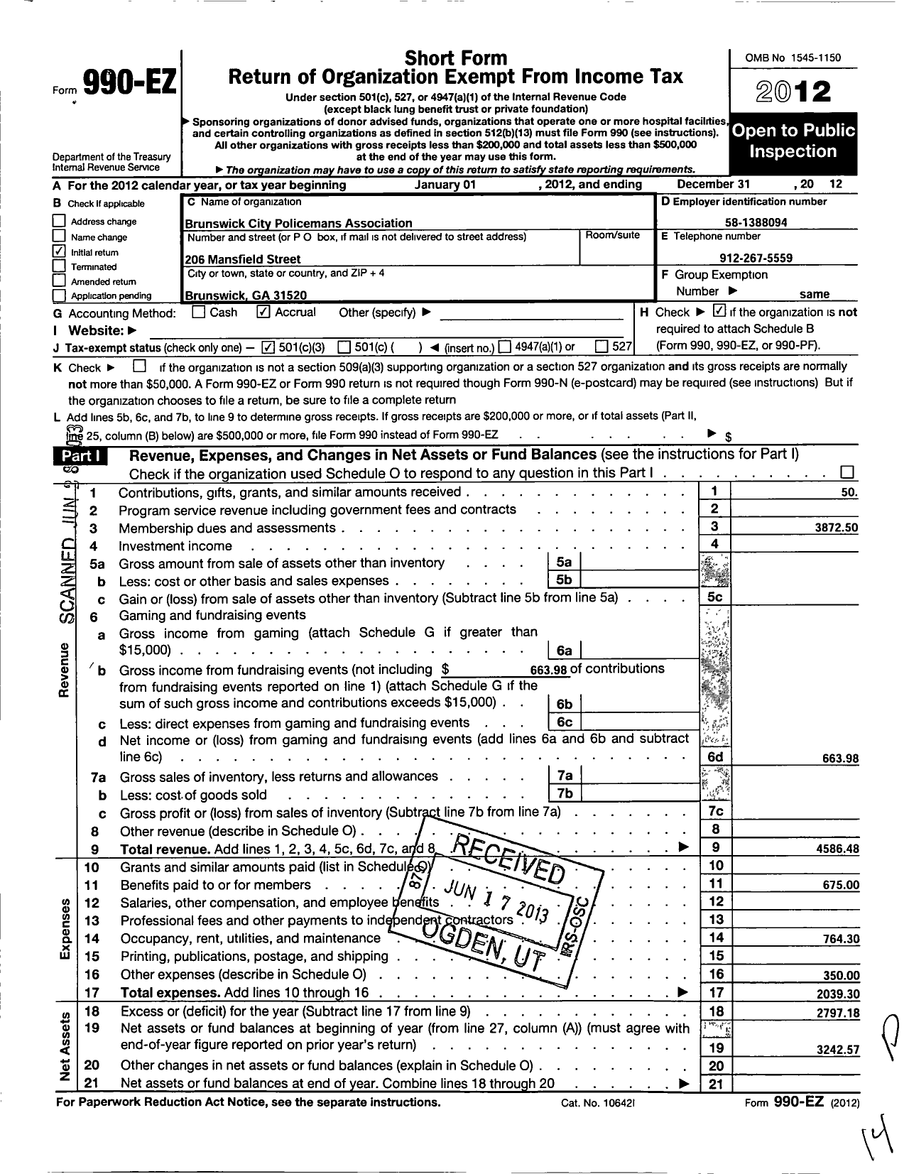 Image of first page of 2012 Form 990EZ for Brunswick City Policemans Association