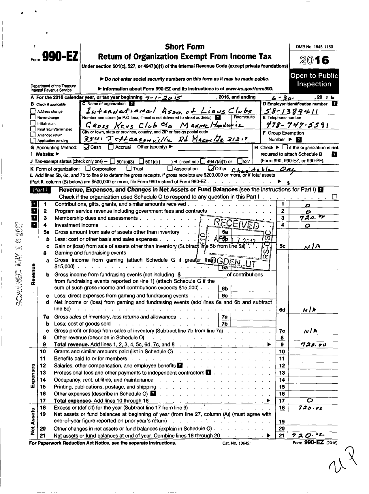 Image of first page of 2015 Form 990EO for International Association of Lions Clubs / Cross Keys Lions Club