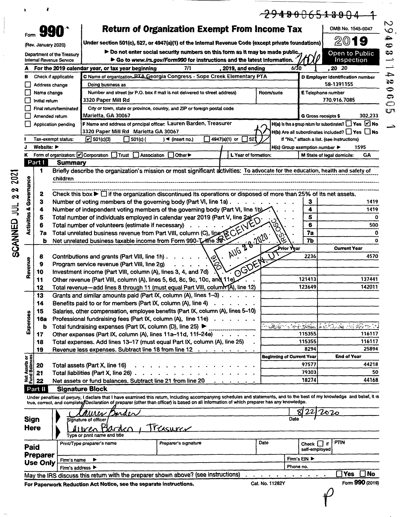 Image of first page of 2019 Form 990 for GEORGIA PTA - Sope Creek ES PTA