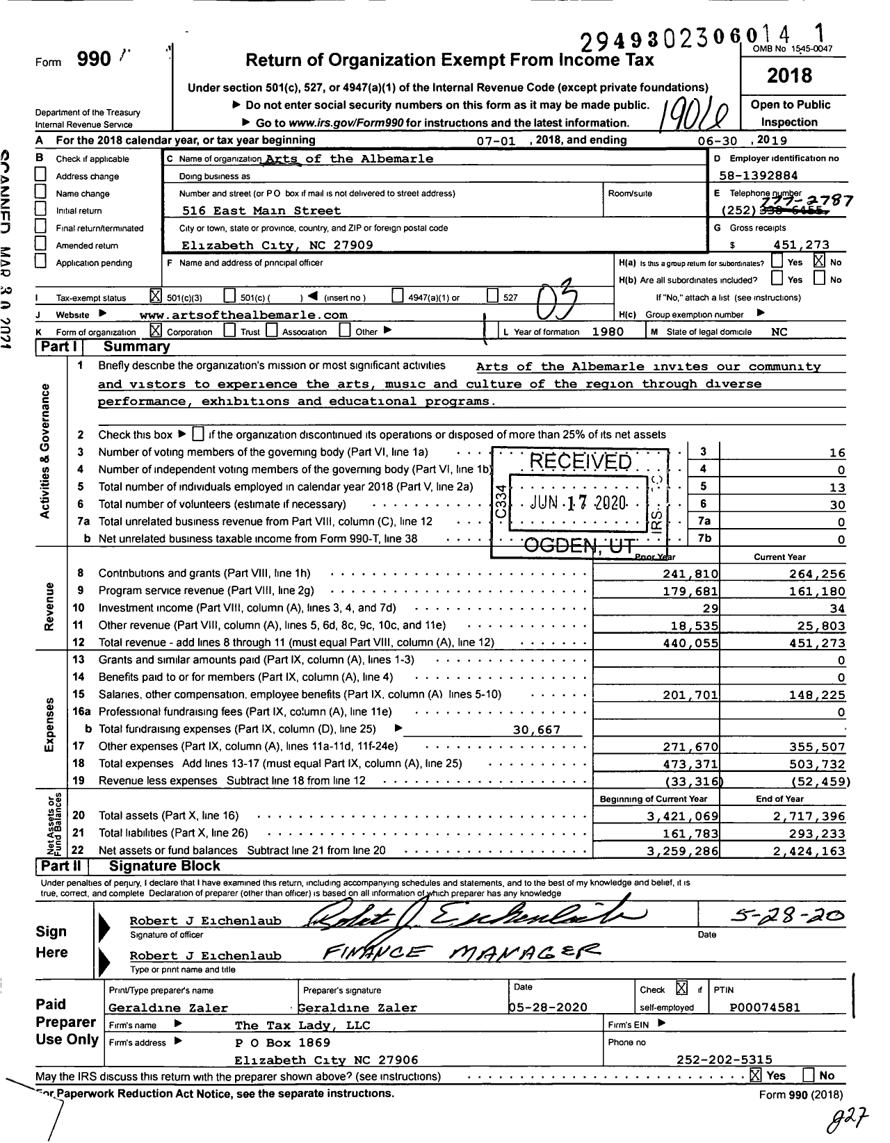 Image of first page of 2018 Form 990 for Arts of the Albemarle