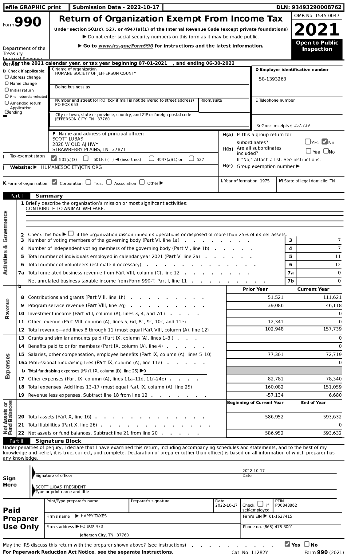Image of first page of 2021 Form 990 for Humane Society of Jefferson County