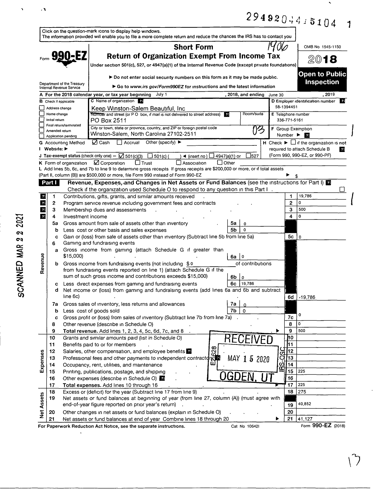 Image of first page of 2018 Form 990EZ for Keep Winston-Salem Beautiful