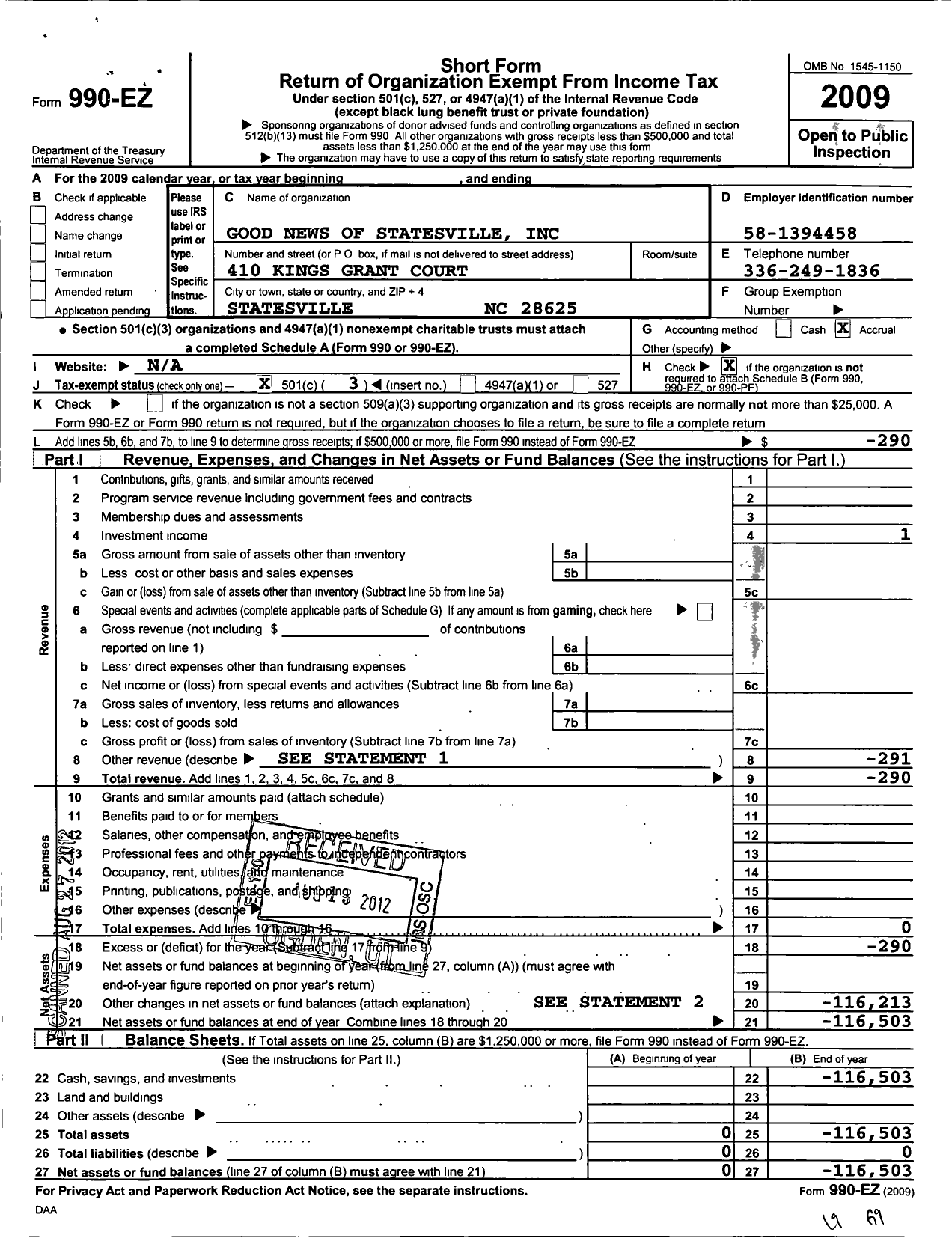 Image of first page of 2009 Form 990EZ for Good News of Statesville