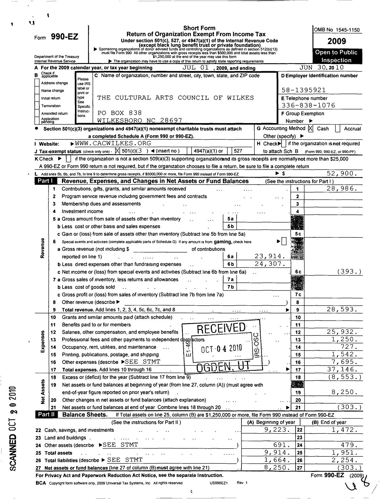 Image of first page of 2009 Form 990EZ for The Cultural Arts Council of Wilkes