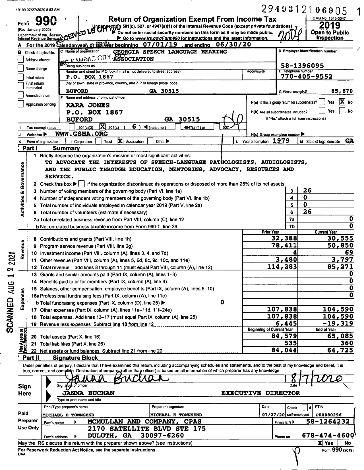 Image of first page of 2019 Form 990O for Georgia Speech Language Hearing Association