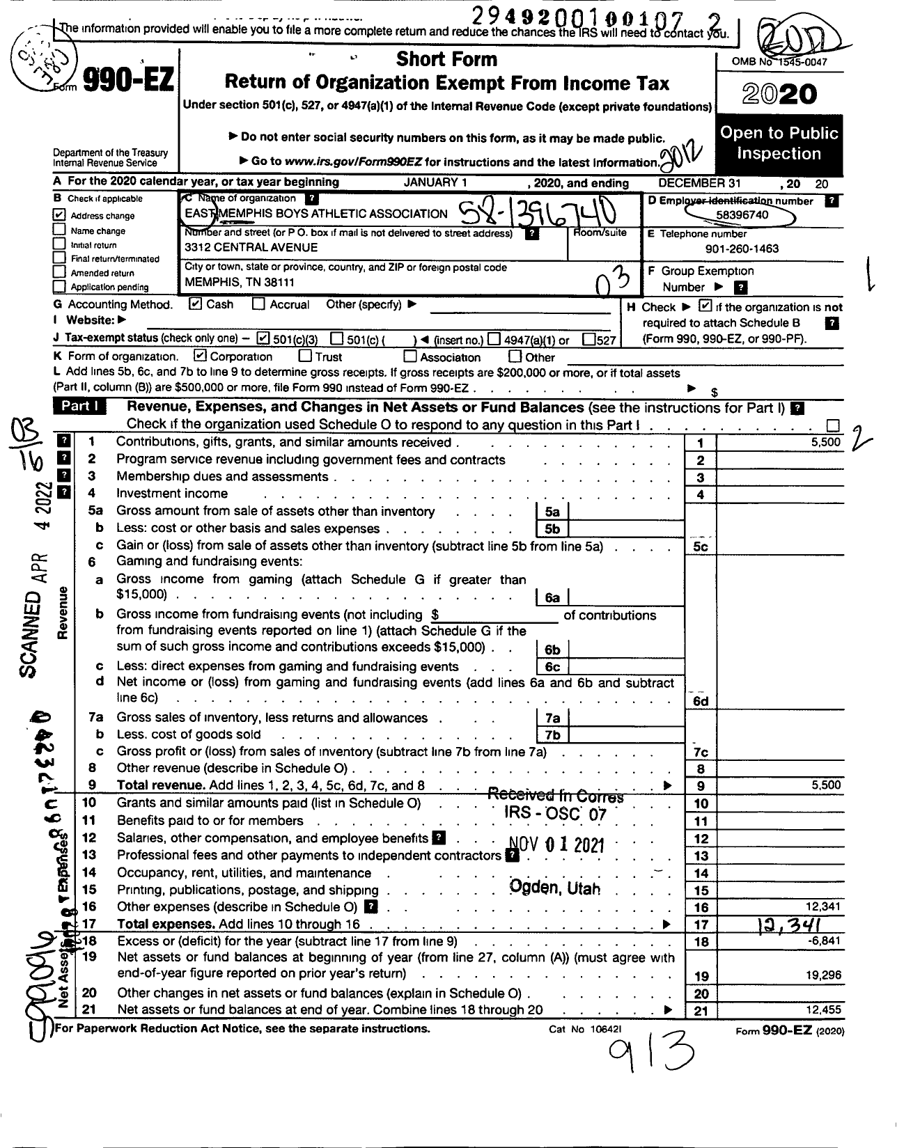 Image of first page of 2020 Form 990EZ for East Memphis Boys Athletic Association