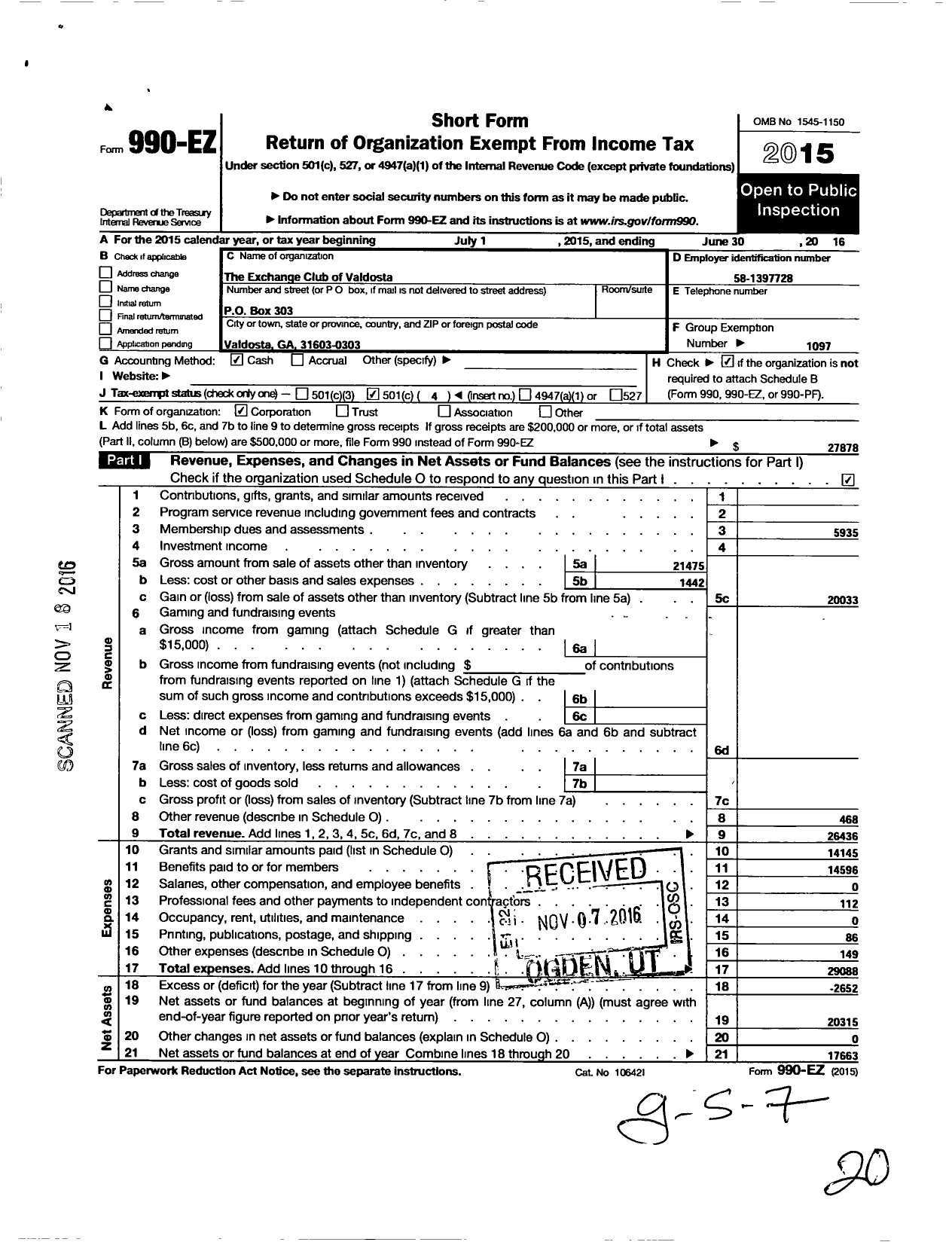 Image of first page of 2015 Form 990EO for National Exchange Club - 1387 Valdosta Ga