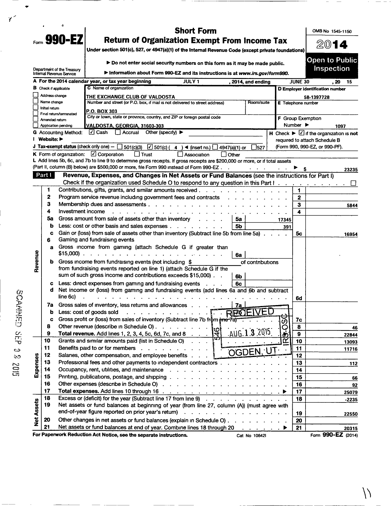Image of first page of 2014 Form 990EO for National Exchange Club - 1387 Valdosta Ga