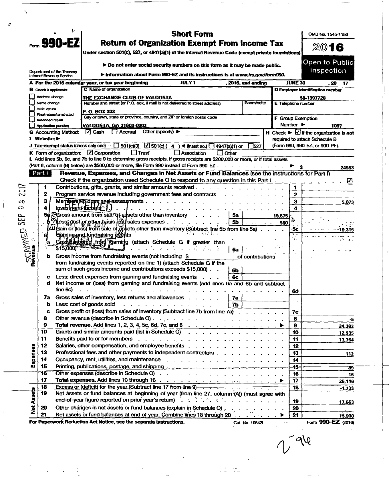 Image of first page of 2016 Form 990EO for National Exchange Club - 1387 Valdosta Ga