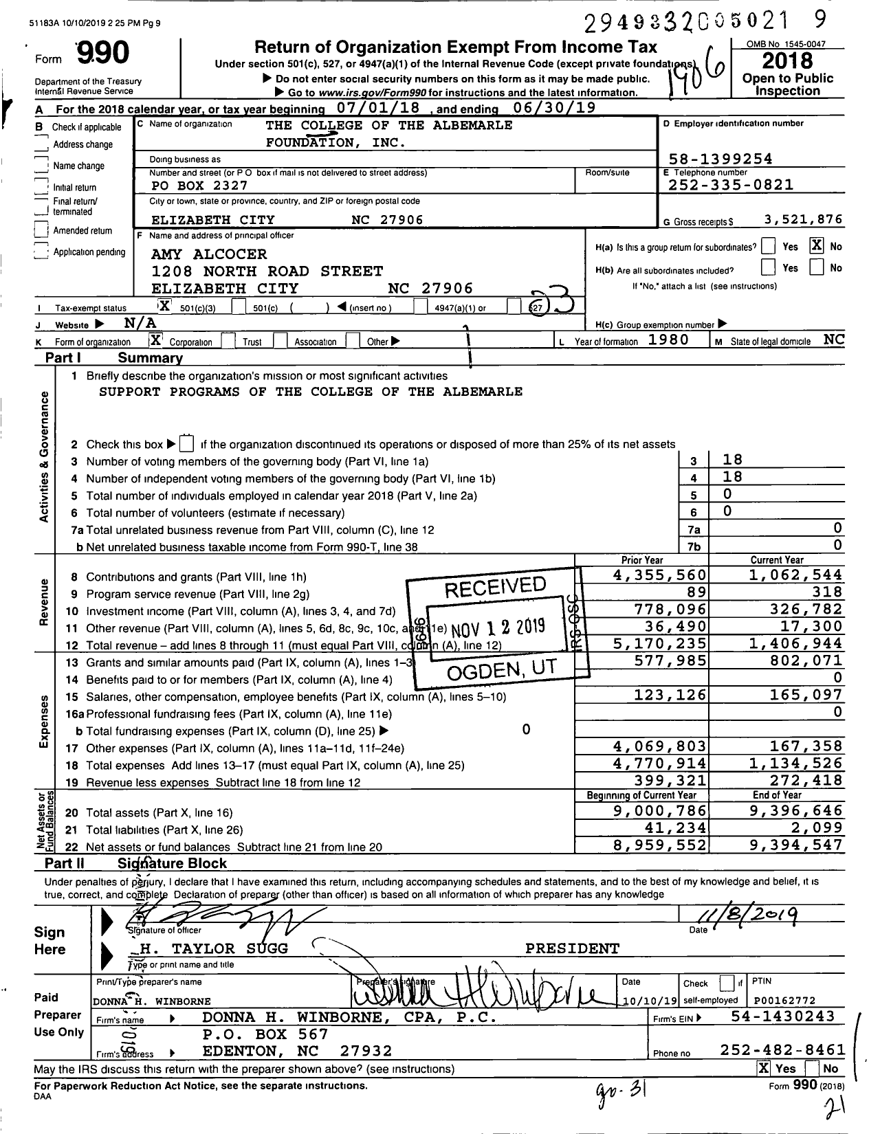 Image of first page of 2018 Form 990 for The College of the Albemarle Foundation