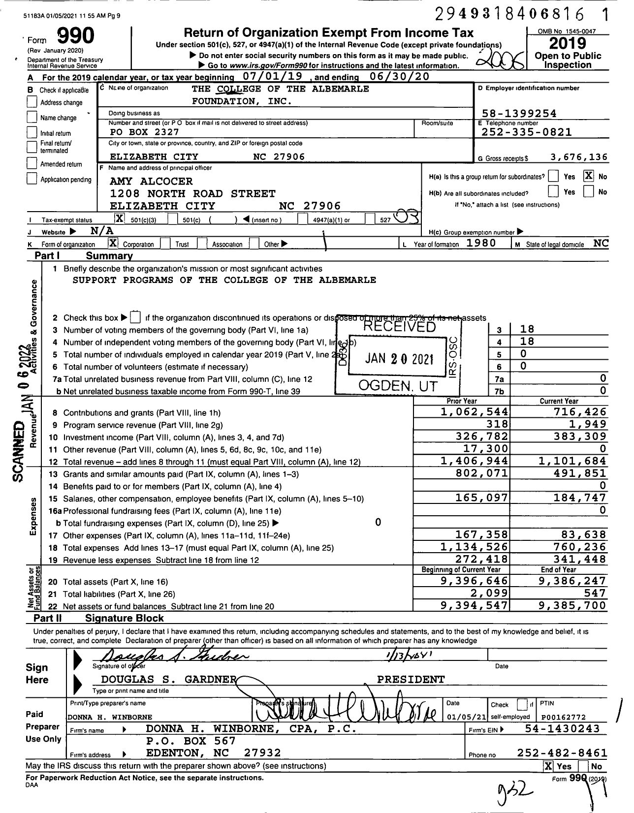 Image of first page of 2019 Form 990 for The College of the Albemarle Foundation