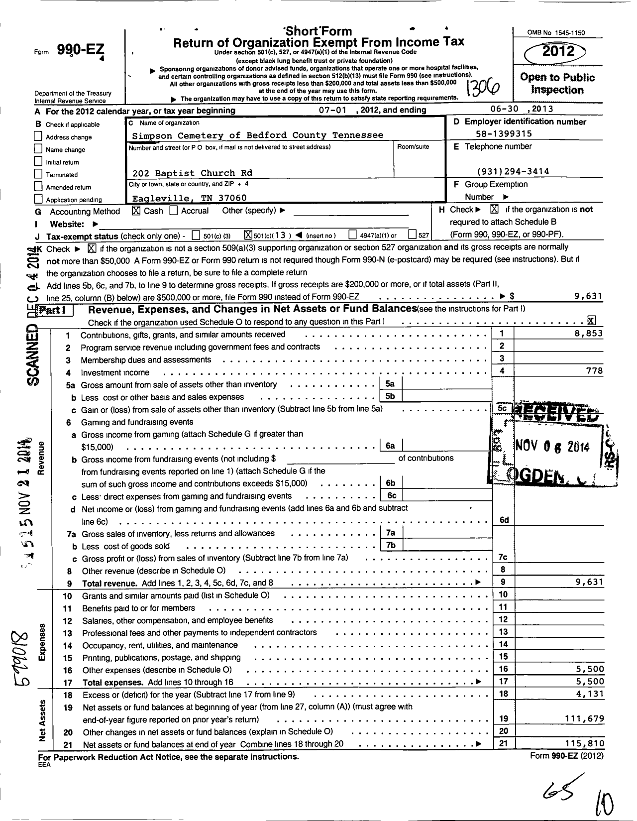 Image of first page of 2012 Form 990EO for Simpson Cemetery of Bedford County