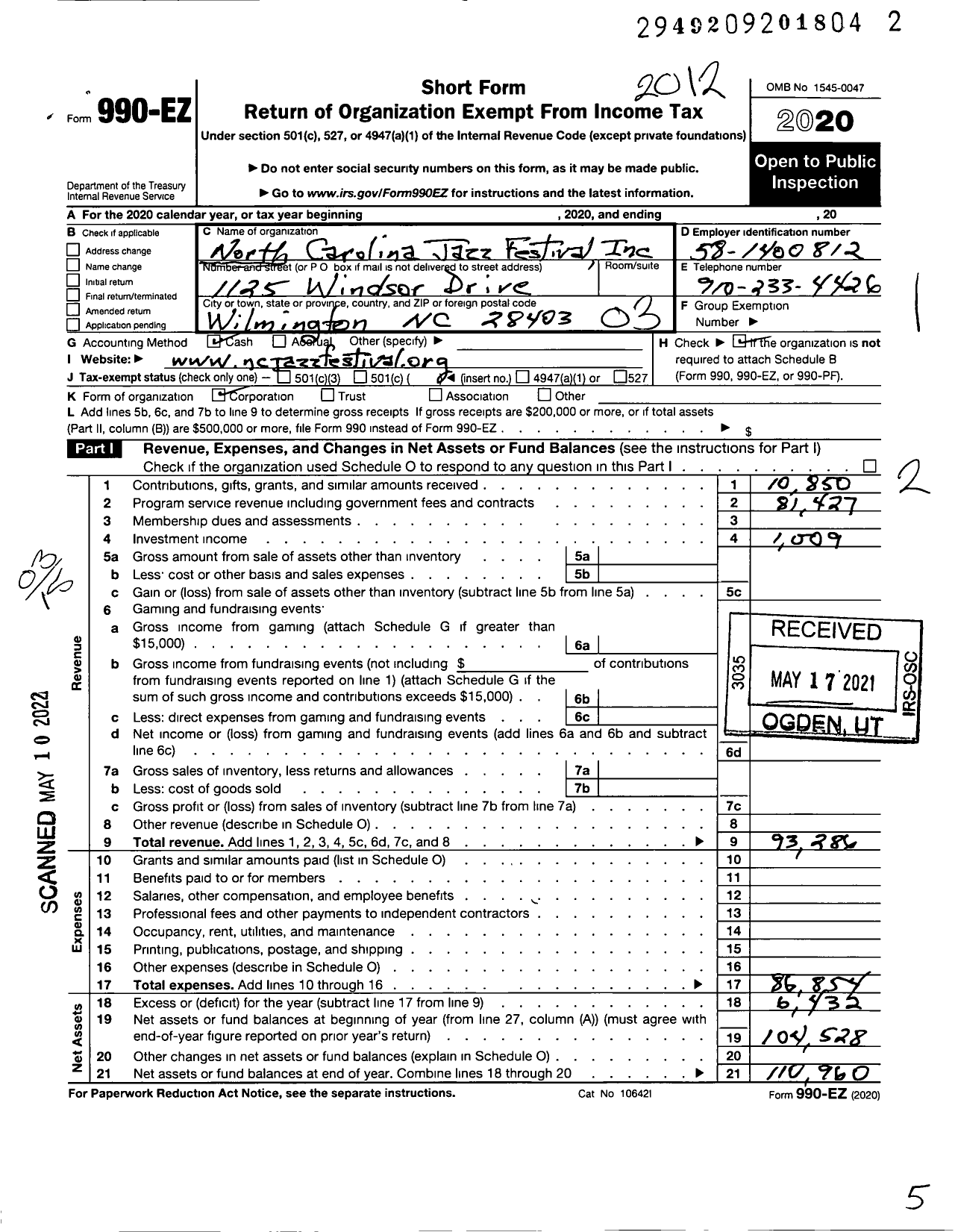 Image of first page of 2020 Form 990EZ for North Carolina Jazz Festival