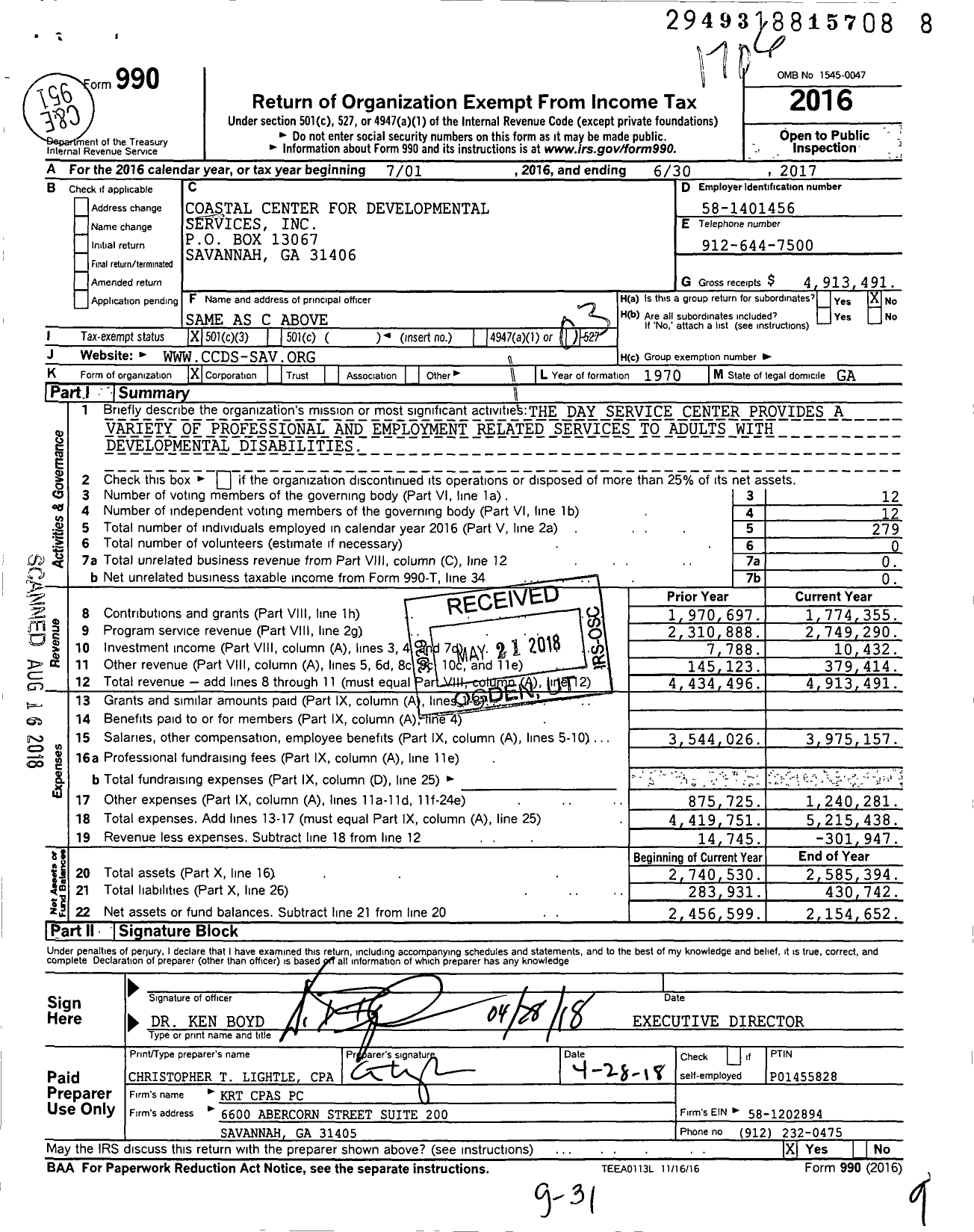 Image of first page of 2016 Form 990 for Employability / Coastal Center for Developmental Services Inc (CCDS)