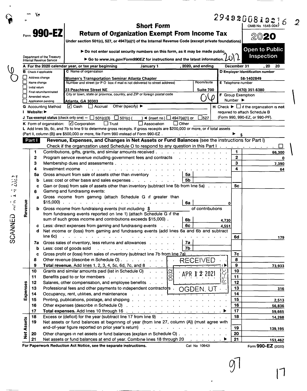 Image of first page of 2020 Form 990EO for Womens Transportation Seminar of Atlanta