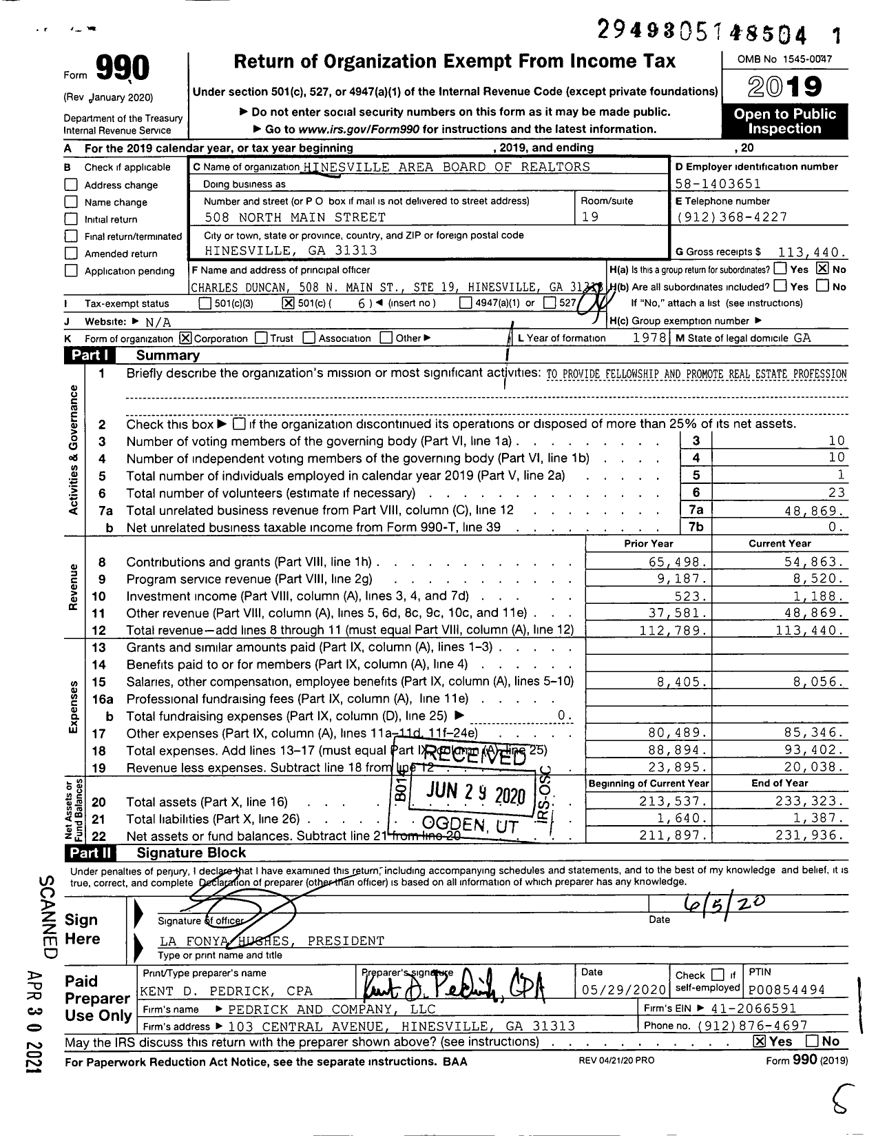 Image of first page of 2019 Form 990O for Hinesville Area Board of Realtors