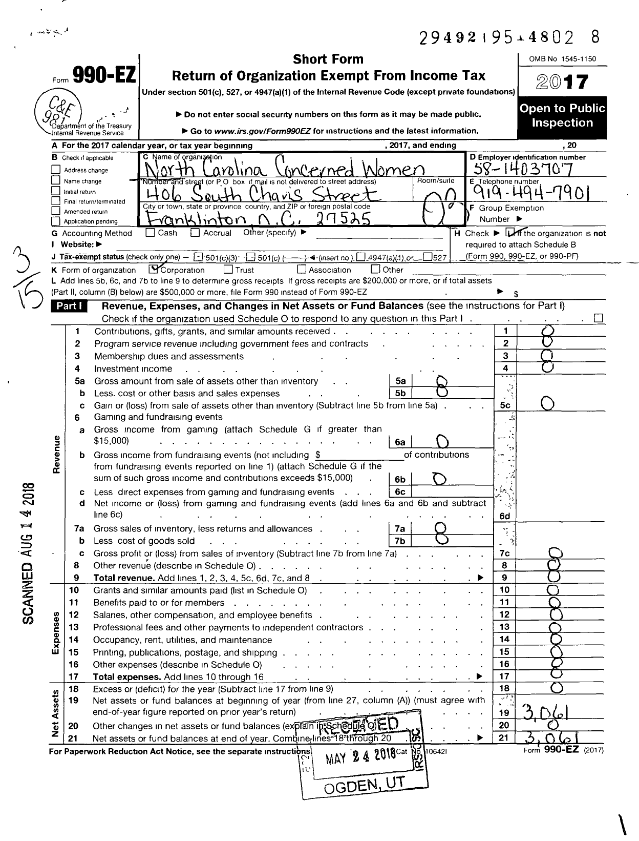 Image of first page of 2017 Form 990EZ for Concerned Women for Justice Incorporated