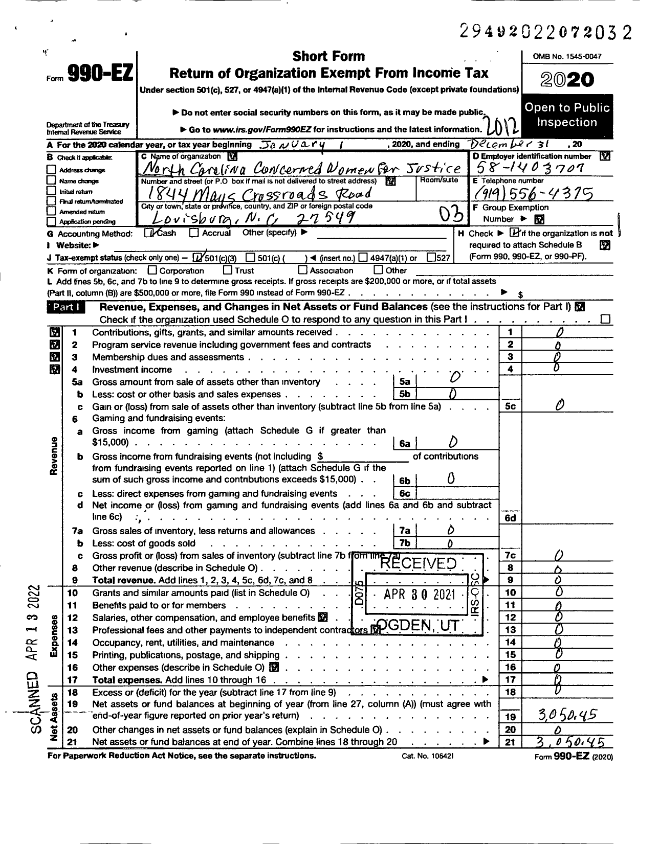 Image of first page of 2020 Form 990EZ for Concerned Women for Justice Incorporated