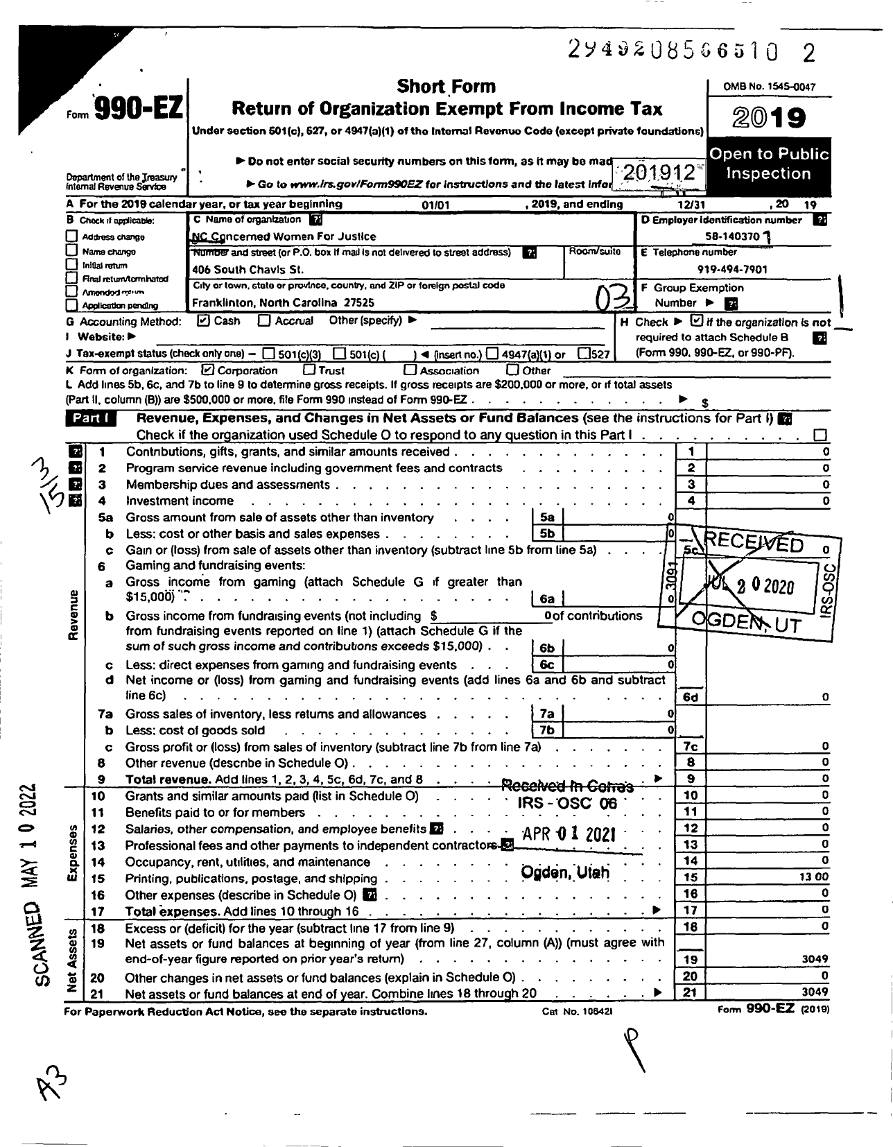 Image of first page of 2019 Form 990EZ for Concerned Women for Justice Incorporated