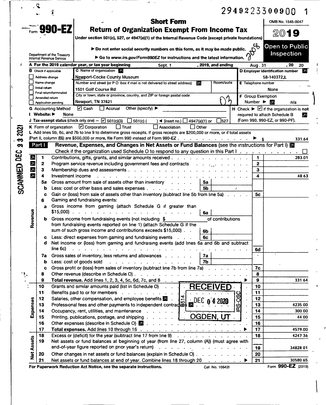 Image of first page of 2019 Form 990EZ for Newport-Cocke County Museum