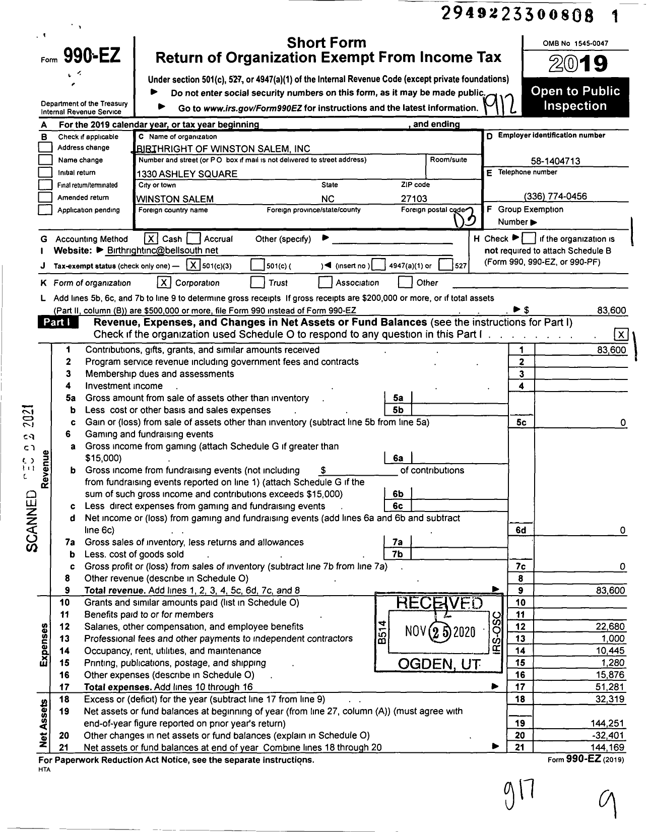 Image of first page of 2019 Form 990EZ for Birthright of Winston Salem