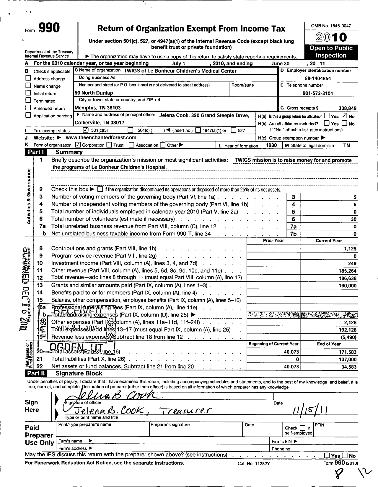 Image of first page of 2010 Form 990 for Twigs of Lebonheur Childrens Medical Center