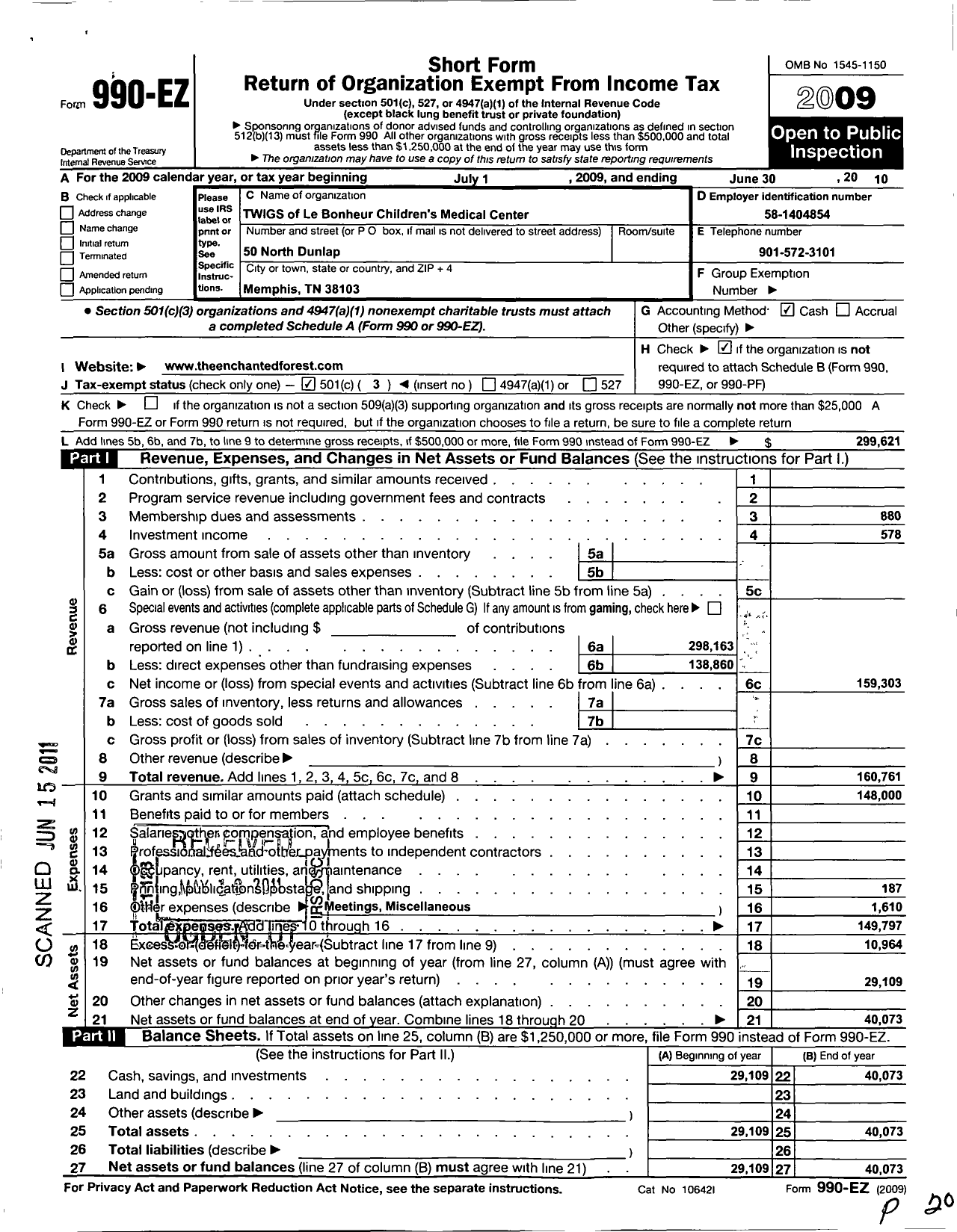 Image of first page of 2009 Form 990EZ for Twigs of Lebonheur Childrens Medical Center