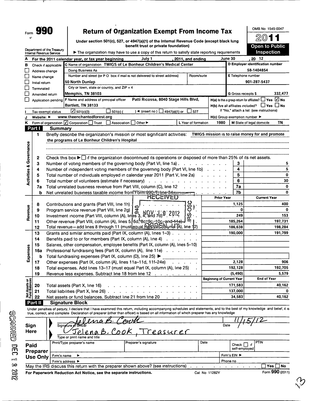 Image of first page of 2011 Form 990 for Twigs of Lebonheur Childrens Medical Center