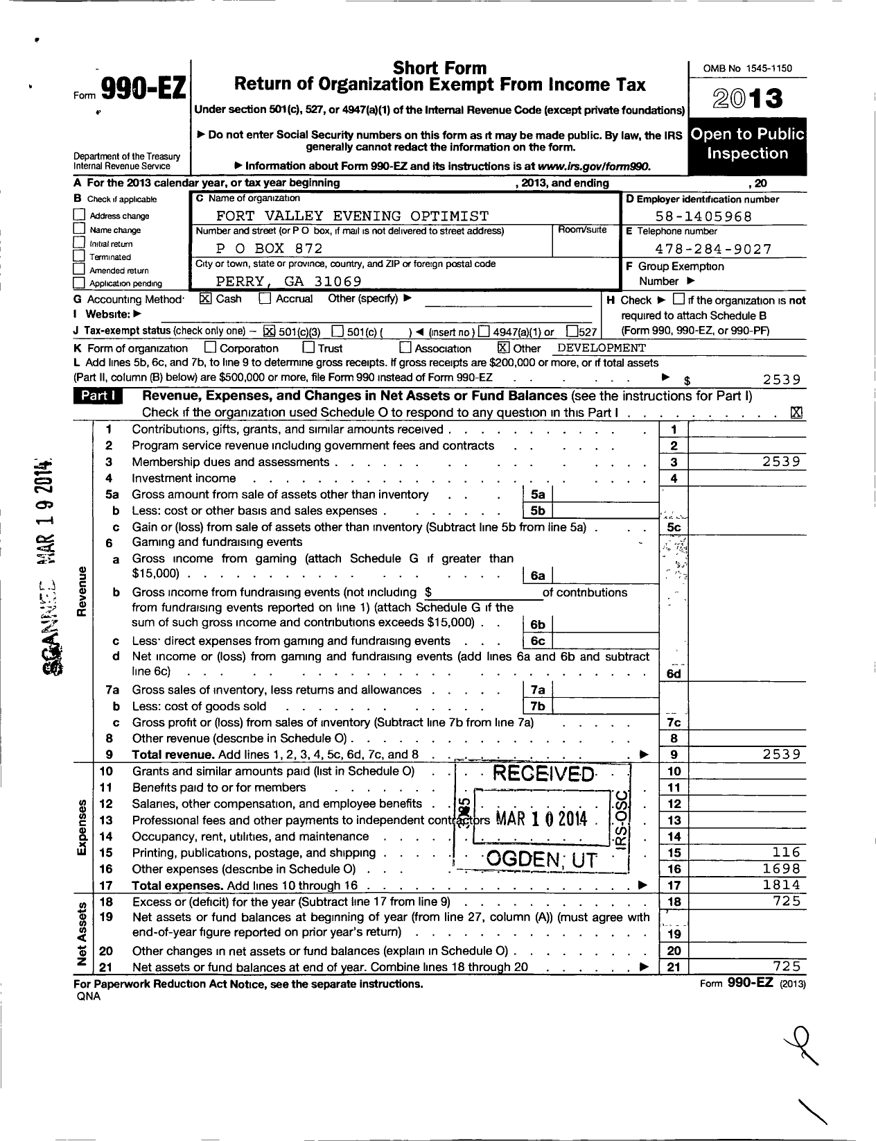 Image of first page of 2013 Form 990EZ for Optimist International - Fort Valley Evening Opt