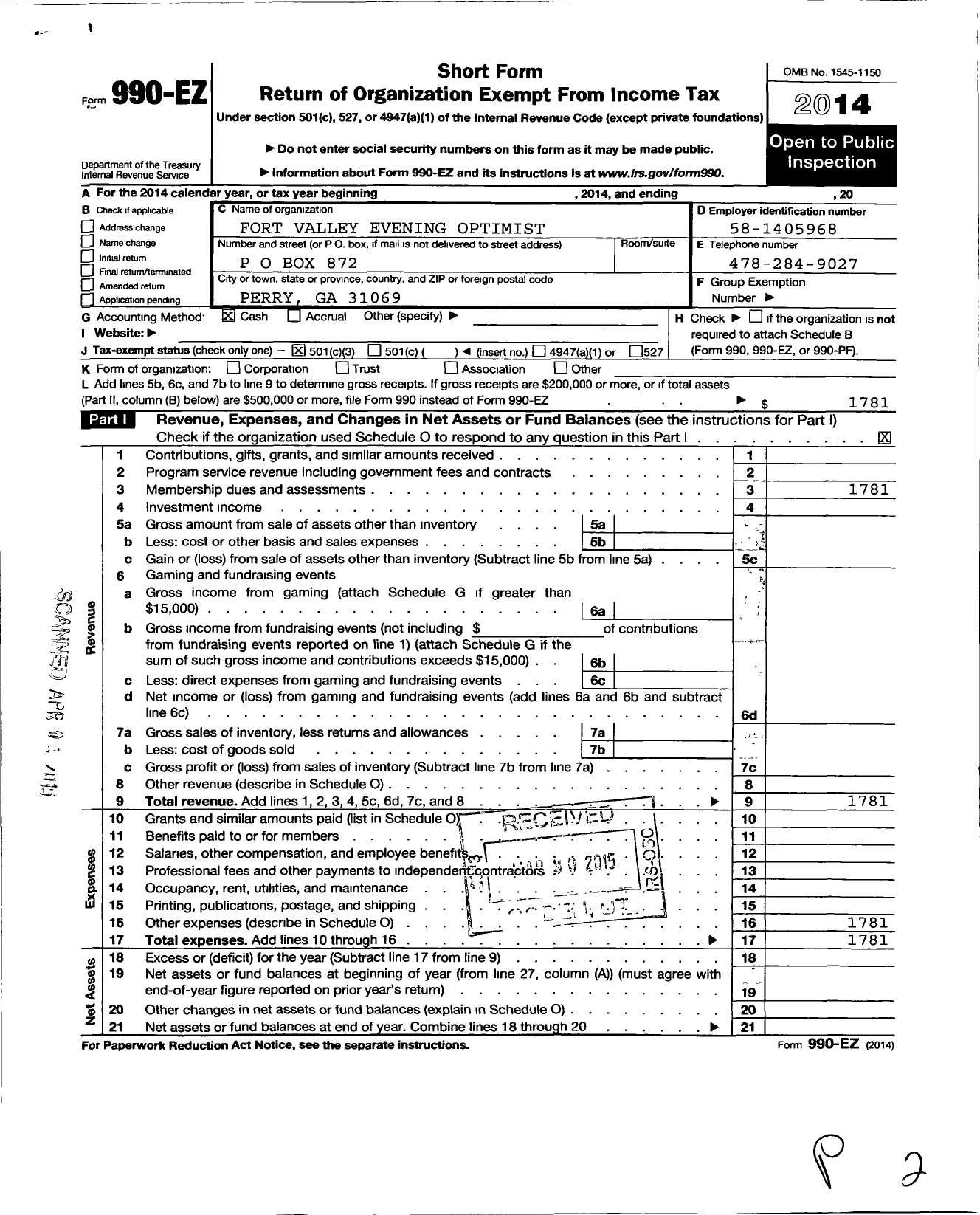 Image of first page of 2014 Form 990EZ for Optimist International - Fort Valley Evening Opt